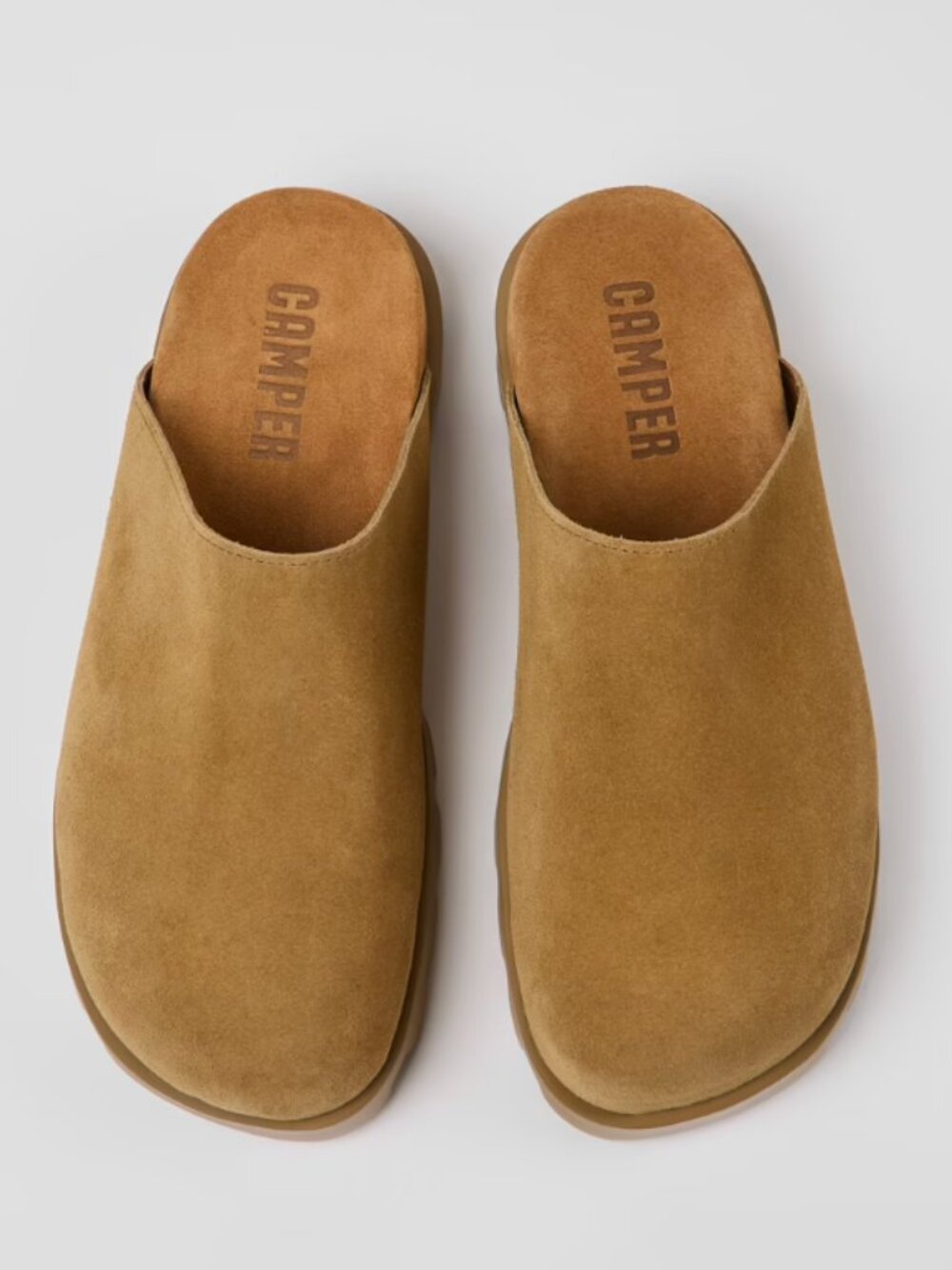 Camper Brutus tan suede clogs with nubuck insole and lug soles